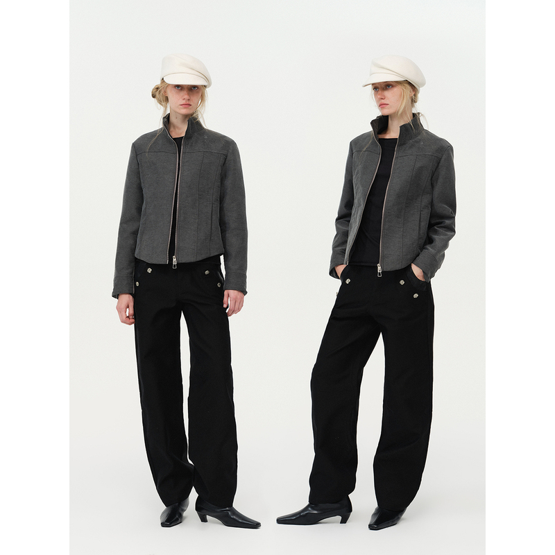 Mob En Costume/Stand Collar Waist-Cinching Short Jacket in Moleskin, Unisex, Autumn and Winter Mob En Costume/Stand Collar Waist-Cinching Short Jacket in Moleskin, Unisex, Autumn and Winter
