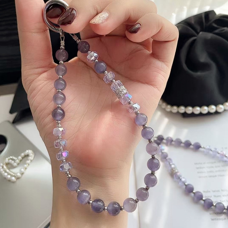【Purple Mist】New Chinese-Style Purple Cat's Eye Stone Unique Phone Chain Keychain Beaded Wrist Ornament Gift