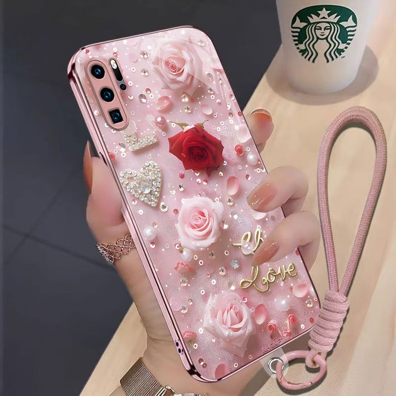 Huawei P30 Pro Phone Case 2024 New Model Star Diamond Rose Suitable for Huawei P30 Pro Phone Case Vog-Al00 High-End Metallic Paint with Hand Strap New Model Heat Dissipation