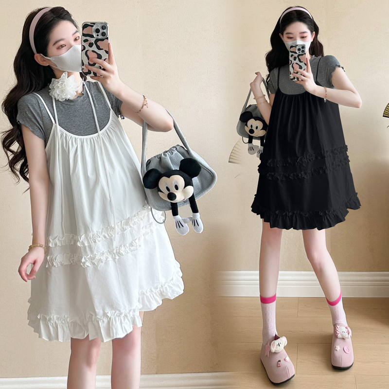 Maternity Dress 2026 New Summer Fashion Stylish Suspender Dress + Short-Sleeved Top Set That Doesn'T Show Pregnancy