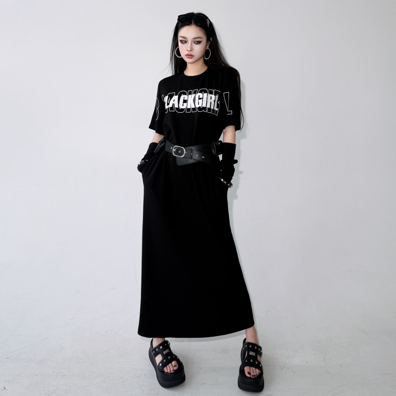 Blackgirl【Fashionista】Round Neck Short-Sleeved Dress with Letter Print, Slimming Long Dress, New Summer Style