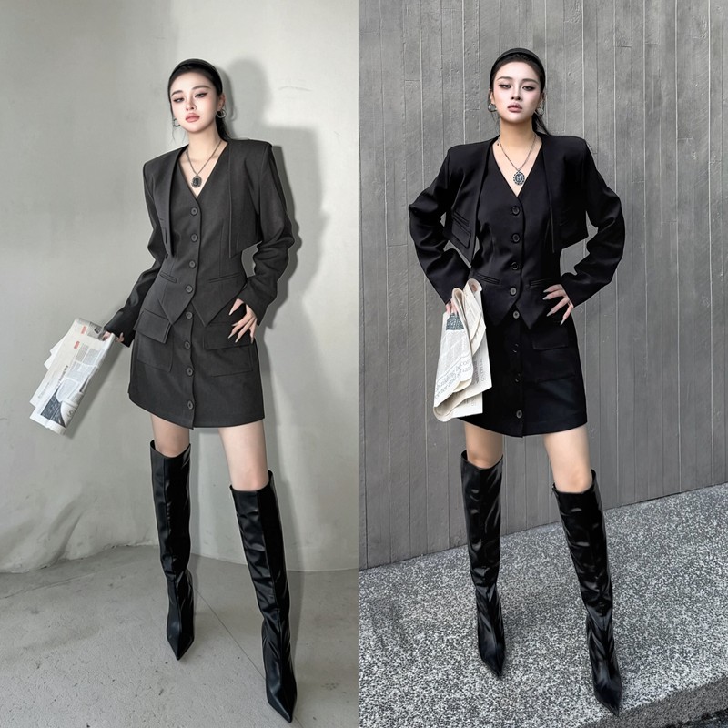 Blackgirl【No One in My Sight】High-End V-Neck Vest Short Blazer Short Skirt Suit Autumn Three-Piece Set