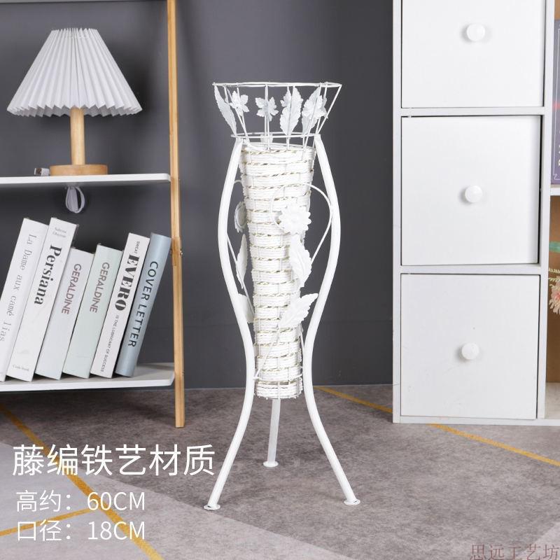Rattan and Iron Art Minimalist Imitation Ceramic Vase for Living Room, Large Resin Nordic Decorative Flower Vessel for Dried Flowers