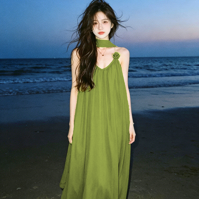 Pure Desire Avocado Green Spaghetti Strap Beach Dress for Women, Loose Fit, Three-Dimensional Floral Ribbon, Long Dress for Beach Photoshoots, Summer