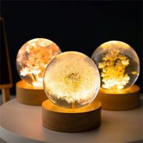 Dandelions in Ball Night Lamp with Wood Base Flower Crystal