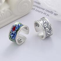 Yunchaoxuan S925 sterling silver vintage cloisonné epoxy glaze lotus wide ring ethnic style open ring