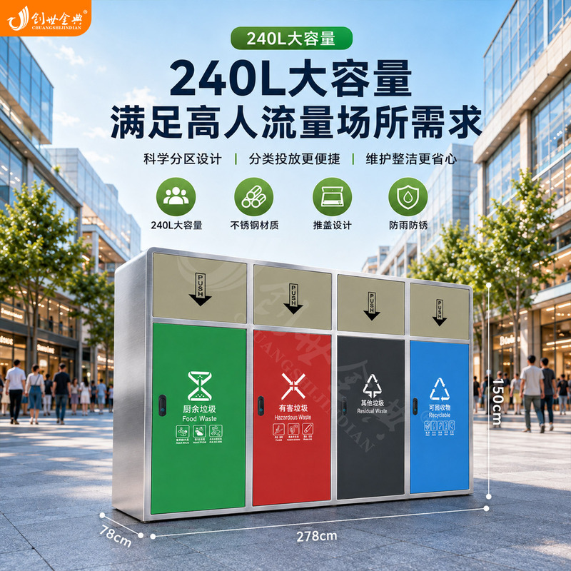 240L Large Capacity Stainless Steel Outdoor Trash Bin for Waste Classification, Suitable for Large Parks and Public Places 240L Large Capacity Stainless Steel Outdoor Trash Bin for Waste Classification, Suitable for Large Parks and Public Places