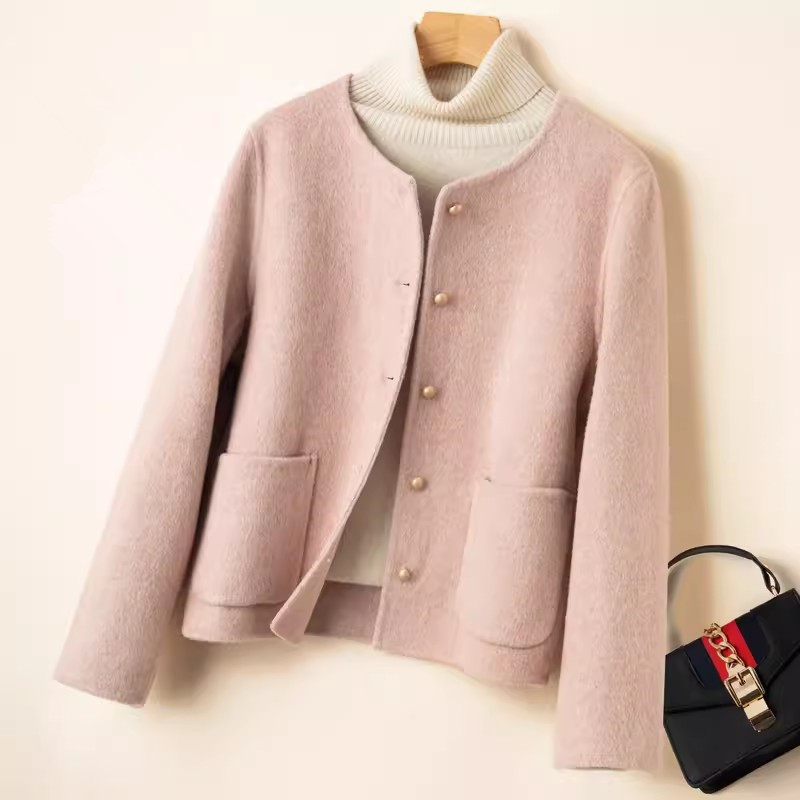 Chanel-Style High-End Double-Sided Wool Coat for Women, Short Style, 2026 New Autumn and Winter Elegant Woolen Coat, Pink