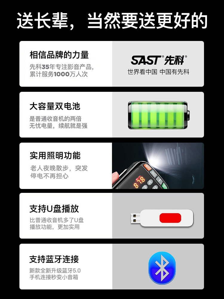 Xianke N28 Radio for the Elderly, New Model Player, Portable Music Player for Seniors, Supports Card, USB Drive, Bluetooth Speaker, Small Size