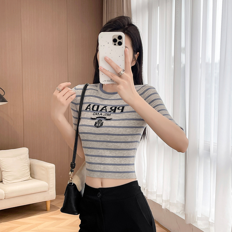 Striped Letter Knit Top Women's T-Shirt Elastic Slim Fit Ultra Short Style Elegant Round Neck High-End Light Luxury Style
