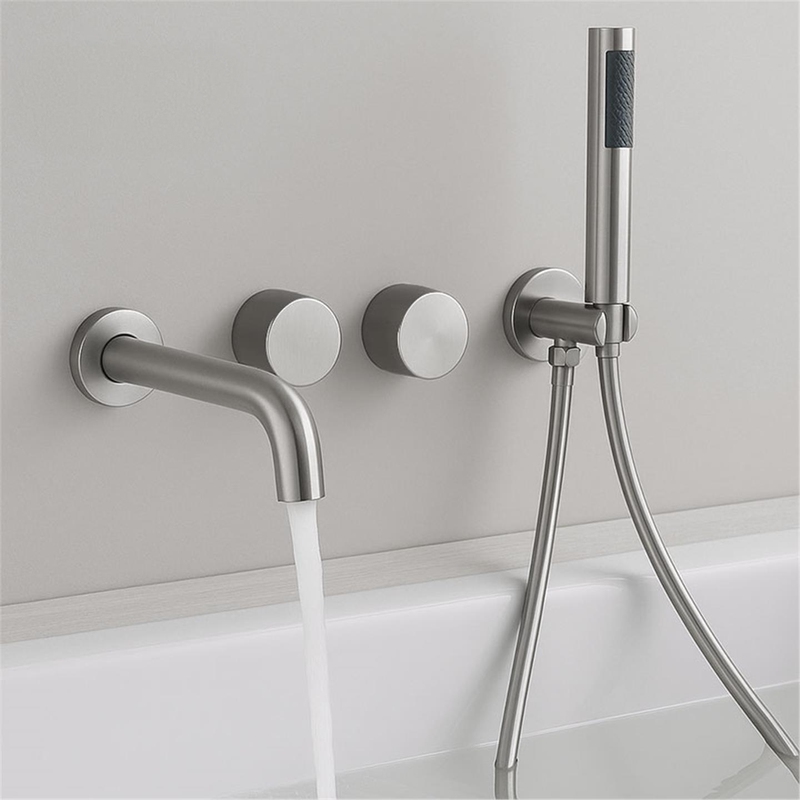 Italian Minimalist Cea Concealed Wall-Mounted Bathtub Faucet, Hot and Cold, All-Copper, High-Flow, Brushed Nickel Tub Side Faucet