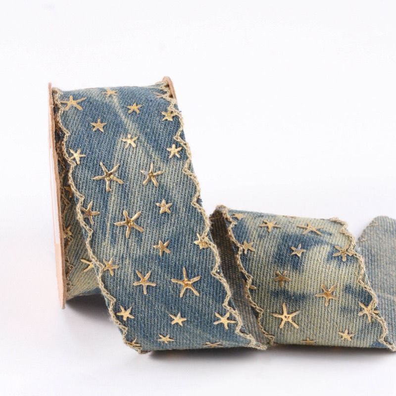 Professional Clothing Alteration, Wide Lace Trim, High-End Trouser Hem Widening, Gold Foil Star Print Denim Ribbon Trim