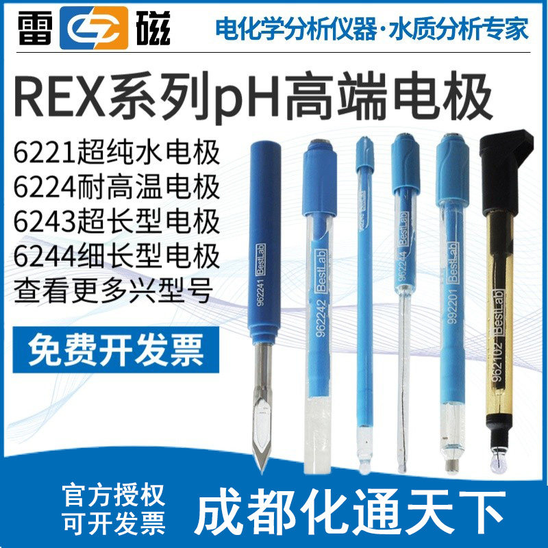 上海雷磁6221超纯水ph复合电极6224耐高温6242平面REX细长/锥形