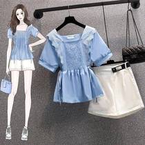 Plus size womens 2022 summer new style fat sisters age-reducing belly-covering chiffon shirt high-waisted white shorts slimming suit