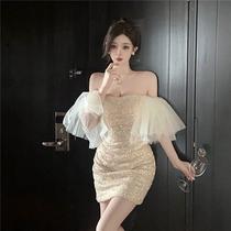 French mesh puff sleeve one-shoulder sequin dress 2024 new summer style sexy pencil skirt with ladylike temperament
