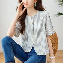 Design striped shirt womens short-sleeved 2024 summer new style literary temperament fresh top small round neck shirt