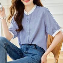 Striped Contrast Color Round Neck Short Sleeve Shirt Womens 2024 Summer New Casual Versatile Cotton Shirt