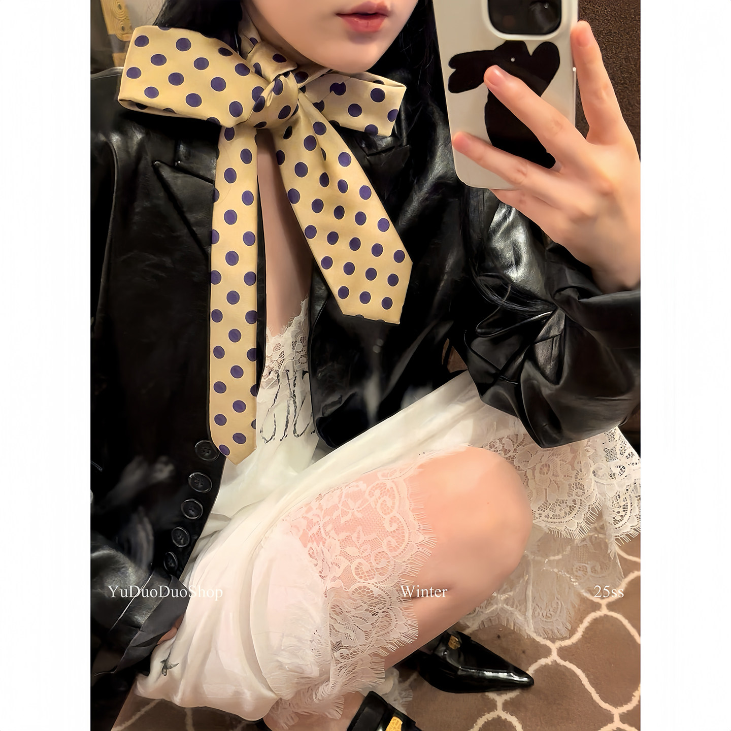 High-end custom-made champagne gold polka dot trendy and modern hand-tied tie for women, unique niche sexy girl narrow silk scarf.