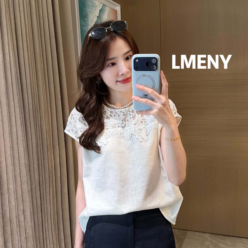 Mengjie Clothing [First Look] Lyocell Linen Top for Women 2026 Summer New Lace Patchwork Round Neck Blouse