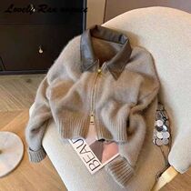 Chic Knitted Cardigan Women PU Turn-down Collar Long Sleeve
