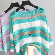 Women Half Sleeve Colorful Hollow Out Blouses Striped Ice Si