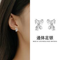 S999 Silver Korean Style Bow Stud Earrings Womens Sweet Temperament Ear Bone Stud Earrings No need to remove ear jewelry when sleeping