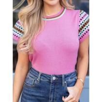 2024 Spring and Summer New Pullover Round Neck Short Sleeve Sweater Womens European and American Casual Style Contrast Printed Knitted Top for Women