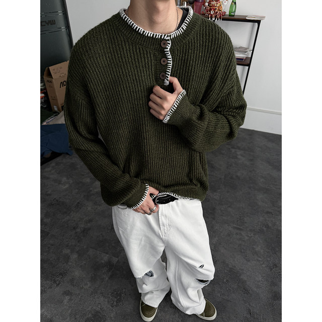 Hand sewn Henry collar wool blend sweater for men