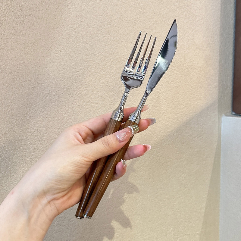 Coottro【Wooden Tableware】1810 Stainless Steel Knife and Fork Two-Piece Set Steak Knife and Fork Set Pear Blossom Wood