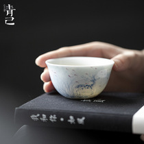 Qingji) blue and white hand-painted deer tea cup Kung Fu tea set tea cup household master cup underglaze color Kung Fu tea