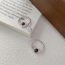 S925 sterling silver garnet flower ring womens beaded elastic rope adjustable index finger ring niche design temperament ring