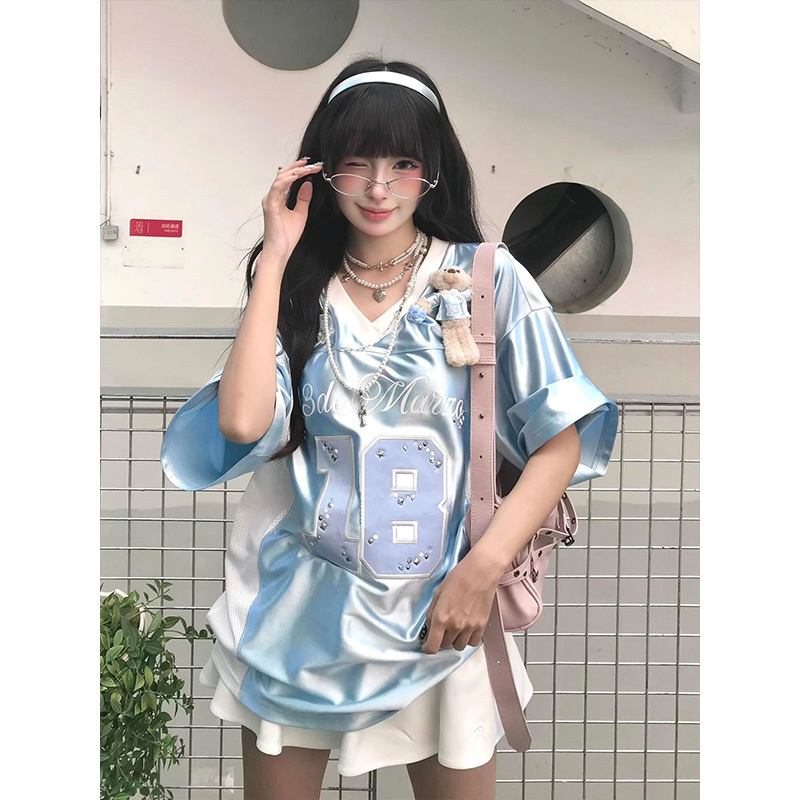 American High Street Jersey Short-Sleeved Women's Summer Color-Blocking Blue V-Neck Sports T-Shirt Versatile Loose Couple Top American High Street Jersey Short-Sleeved Women's Summer Color-Blocking Blue V-Neck Sports T-Shirt Versatile Loose Couple Top