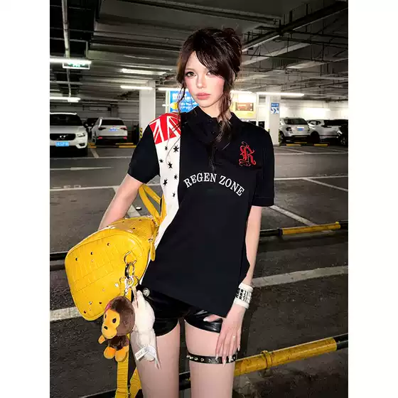 American Retro Polo Shirt T-Shirt for Women, Summer Star and Flag Patchwork, Regular Shoulder Short Sleeves, Slim Fit, Black Top