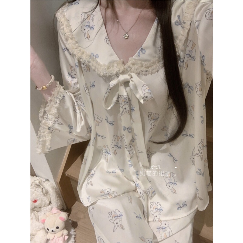 Milk Meow【Blueberry Bunny】Sweet Doll Collar Ice Silk Pajamas Cartoon Spring and Autumn Cute Long Sleeve Long Pants Homewear