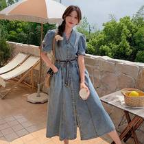 New Chinese style Chinese style buckle denim dress womens summer new style waist slimming long French high-end skirt
