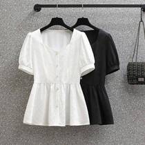 Plus size womens fat MM2022 summer small fragrant style square collar puff sleeve waist slimming top belly-covering versatile shirt