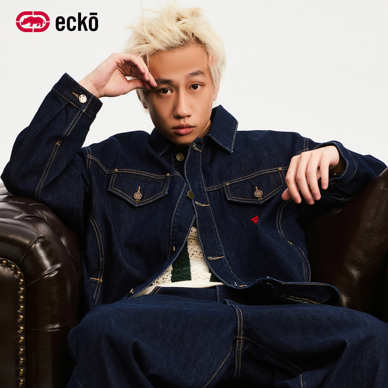 Ecko Red Rhino Embroidered Lapel Denim Blue Original Color Denim Jacket Couple Outfit American Style New Men's and Women's Jacket