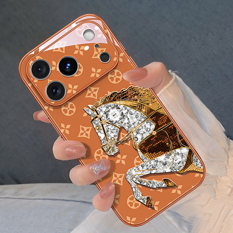 Diamond Vintage Horse Design Case for Apple 17 Pro Max, New Trendy Fashion iPhone 16 Pro High-End Influencer Full-Cover Lightweight Anti-Drop Phone Case, 15 Pro Luxury Women's Model