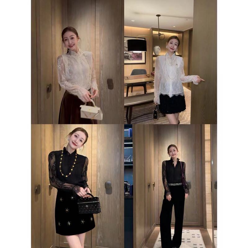 Wang Haha【Layering Essential】26 Spring New Design Black Lace Embroidery Hollow Out Inner Layering Top