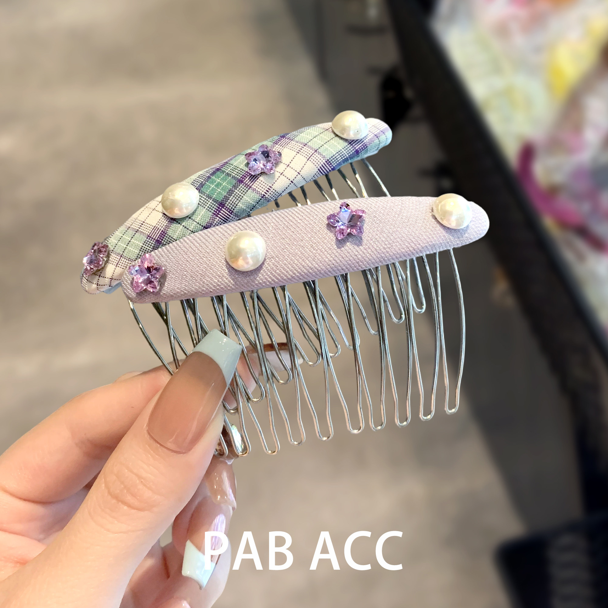 Korean fresh and preppy style plaid spring/summer star rhinestone hair comb for tidying up stray hairs, non-slip inverted comb hair accessory