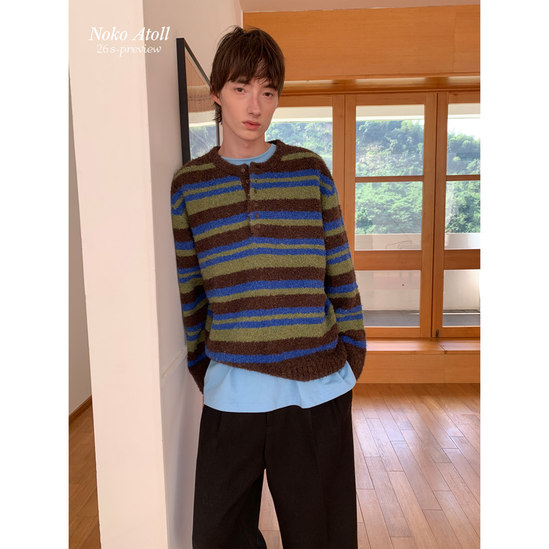 Noko|Autumn and Winter Henry Collar Low-Saturation Blue-Green Colorful Striped Sweater Noko|Autumn and Winter Henry Collar Low-Saturation Blue-Green Colorful Striped Sweater