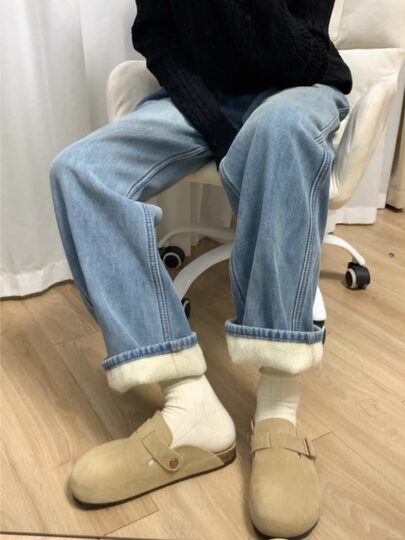 拉夏贝尔加绒直筒牛仔裤女秋冬加厚2025新款小个子浅色窄版阔腿裤