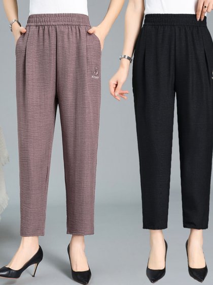 夏季新款洋气中老年女裤宽松大码松紧腰妈妈裤子高腰哈伦裤九分裤