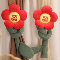 Small red flower curtain straps and ropes a pair of flower buckle ropes Chinese style festive decoration hangings wedding room wedding supplies