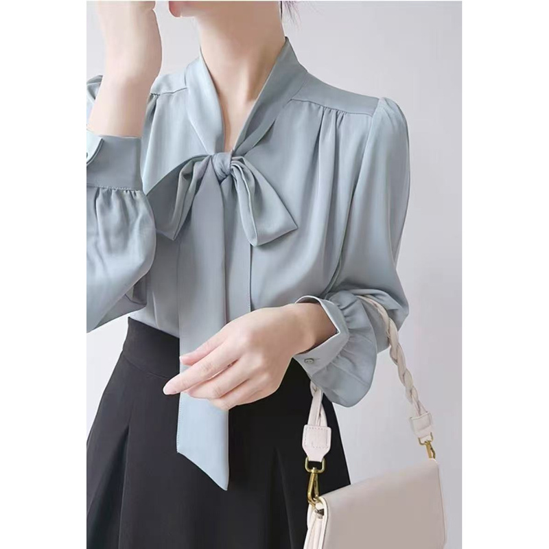 Early Autumn New Style Satin Elegant Bow Tie Commuter Inner Shirt Formal White Shirt Stylish Long-Sleeved Top for Women Early Autumn New Style Satin Elegant Bow Tie Commuter Inner Shirt Formal White Shirt Stylish Long-Sleeved Top for Women