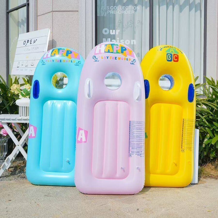 子供用厚手サーフィンフロートインフレータブルサーフボード（ハンドルとスイミングリング付き）、座ったり寝転んだり可能、ウォータースキーボード