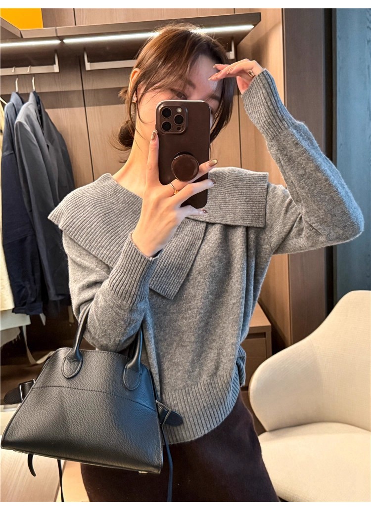 한국 스타일 디자인 센스 빅 칼라 스웨터 니트 스웨터 여성 2026 가을 겨울 새로운 루즈핏 슬림해 보이는 다용도 스웨터 인사이드 가져 가라. 상세 이미지 10