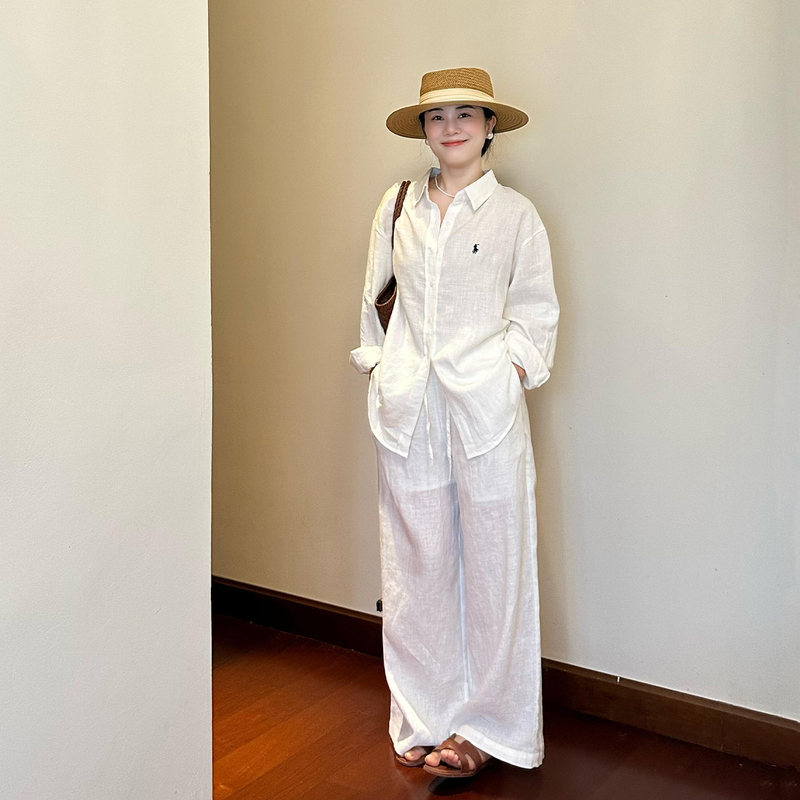 Old Money Style Relaxed Linen Suit for Women, Summer Beach Travel Outfit, White Sun Protection Shirt and Long Pants Two-Piece Set