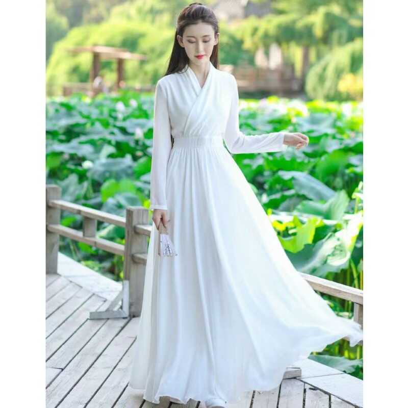 Vacation Chiffon Extra Long Long-Sleeved Dress Spring and Summer New Antique White Elegant to Your Feet Naked Fairy Double-Layer Long Dress