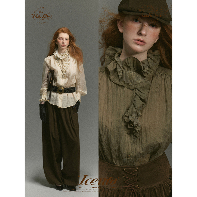 Iceiito* Narcissus* Retro Two-Tone Cupro Silk Patchwork Lace Heavy Craftsmanship Palace Style Long-Sleeved Shirt